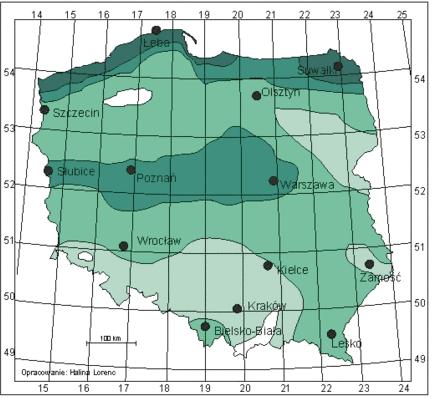 Realny potencjał ekonomiczny energetyki wiatrowej wynosi 445 PJ (z czego na lądzie 337 PJ, zaś na morzu 67 PJ). Rysunek 3. Strefy energetyczne wiatru w Polsce. Źródło: www.imgw.pl.