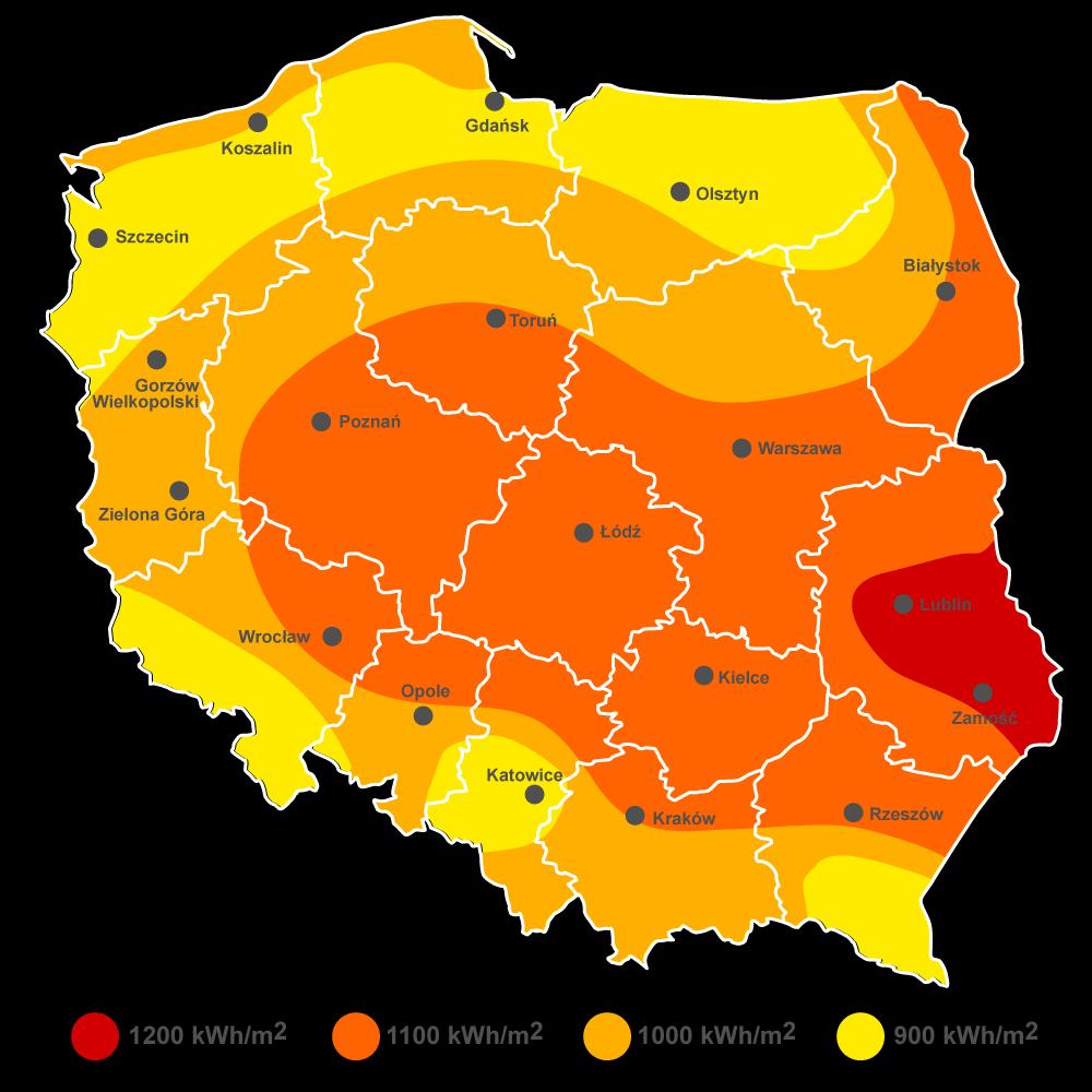 Rysunek 4. Rozkład przestrzenny całkowitego nasłonecznienia rocznego na terenie Polski. Źródło: http://solarisline.