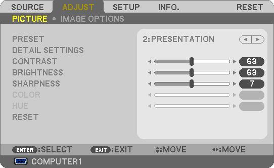 5. Obsługa menu ekranowego % Szczegółowy opis elementów i funkcji menu [ADJUST] (regulacje) [PICTURE] (obraz) [PRESET] (ustawienia wstępne) Ta funkcja pozwala na wybór zoptymalizowanych ustawień