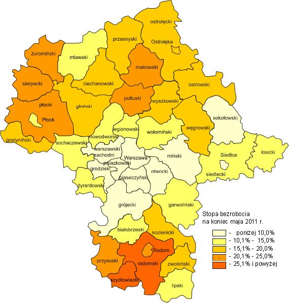 W odniesieniu do maja 2010 r. stopa bezrobocia dla województwa wzrosła o 0,4 punktu procentowego (w kraju wzrost o 0,1 punktu procentowego).