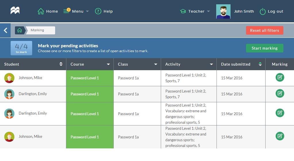 Ocenianie wybranych ćwiczeń przez nauczyciela Niektóre ćwiczenia w Online Workbook muszą być sprawdzone przez nauczyciela. Na liście ćwiczeń w zestawach są one oznaczone ikoną czapki.