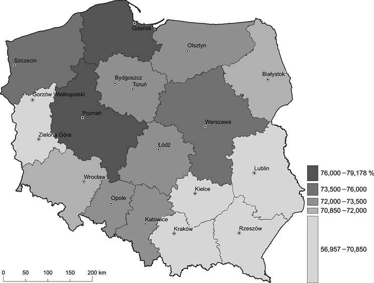 Produktywność i towarowość rolnictwa w Polsce 103 Ryc. 6. Procentowy udział produkcji towarowej w produkcji globalnej rolnictwa w 2011 r. Źródło: jak ryc. 1. w 1995 r.