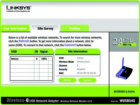 Zakładka Site Survey Zakładka Site Survey wyświetla informacje o dostępnych sieciach i pozwala na połączenie się z nimi.