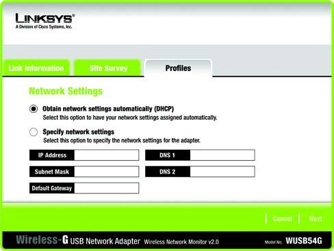 Jeśli w Tojej sieci pracuje inny router lub serwer DHCP, zaznacz pole Obtain network settings automatically (DHCP). Kliknij przycisk Next, aby kontynuować lub Cancel, żeby powrócić do okna Profiles.