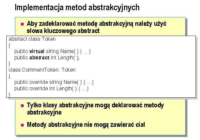 Metody abstrakcyjne s wirtualne. Metody abstrakcyjne mog by przedefiniowywane w nastpnych klasach potomnych.