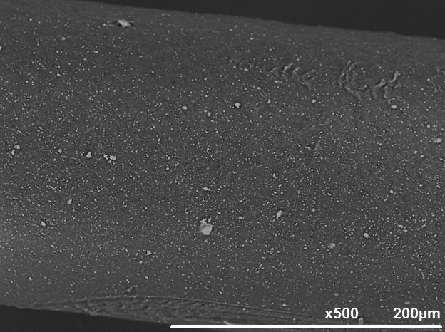 Uśredniona średnica *µm+ Rys.24. Zdjęcie SEM włókna wytworzonego z kompozytu o składzie wagowym 90%PCL- 10%TCP (cząstki w postaci nano), próbka C.1. 250 200 150 100 221 205 204 50 0 Materiał PCL PCL-TCP mikro PCL-TCP nano Rys.