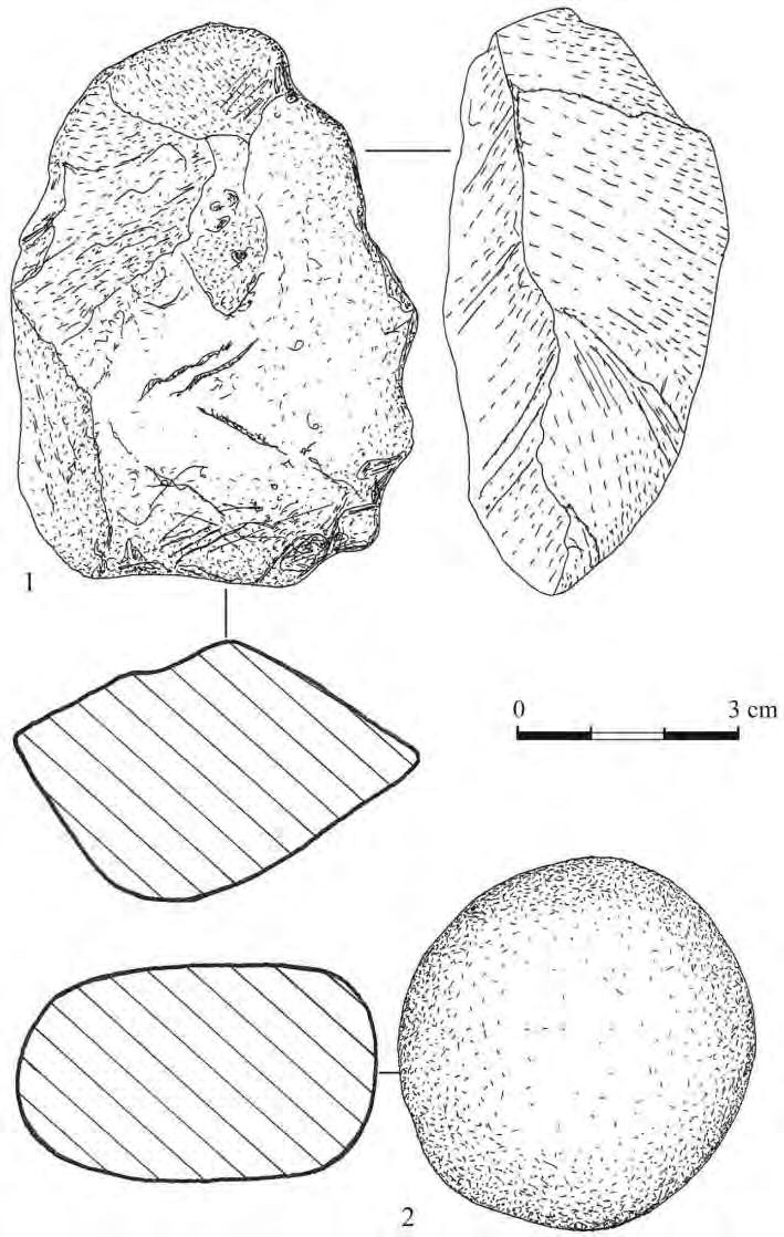 146 TADEUSZ GALIŃSKI Ryc. 10. Bolków, stan. 1, skupienie M/2013. Narzędzia kamienne: 1 ciosak; 2 pocisk procy sznurkowej Fig. 10. Bolków, site 1, concentration M/2013.