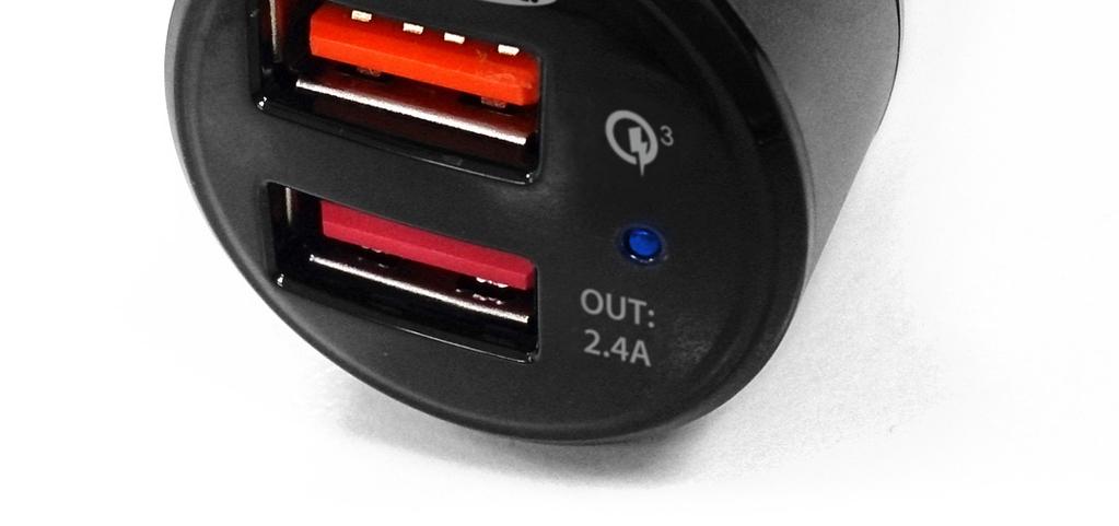 5 V/2,4 A oraz drugi zgodny z technologią Qualcomm Quick Charger 3.0. Niniejsza ładowarka samochodowa pozwala w razie potrzeby naładować w samochodzie dowolne urządzenia (np.
