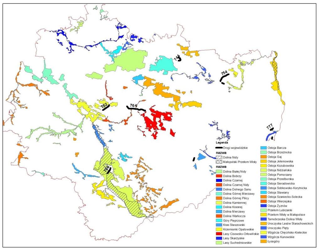 Rysunek 4.1 Lokalizacja dróg oraz obszarów Natura 2000 w woj. Świętokrzyskim Rysunek 4.