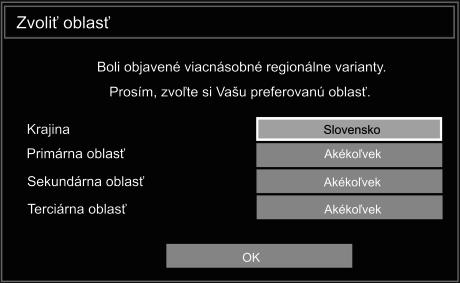 Ukončite proces hľadania, zobrazí sa menu Výber krajiny (ak sa zistia viacnásobné varianty krajiny). Prosím, vyberte krajinu a región a následne stlačte tlačidlo OK pre pokračovanie.