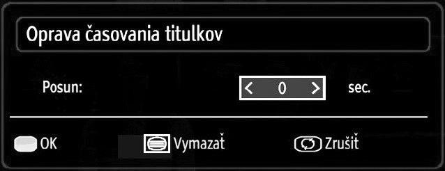 Titulky/Audio (LANG. tlačidlo): Nastavenie titulkov/ Audio. Žlté: Otvorí menu opravy času titulkov.