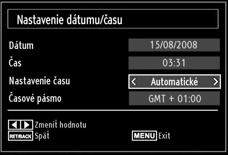 Konfigurácia nastavení dátumu/ času Vyberte možnosť Dátum/čas v ponuke Nastavenia a nakonfi gurujte ich. Stlačte tlačidlo OK.