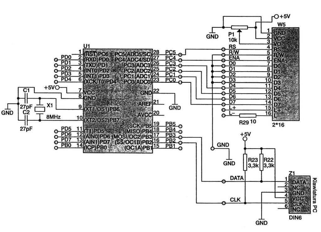 mikrokontrolera dołączono także wyświetlacz LCD, aby zobrazować działanie dołączonej klawiatury AT. Rys.3. Schemat dołączenia klawiatury AT do mikrokontrolera. Tabela 1.