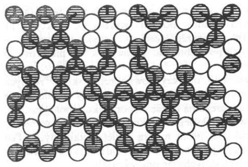 Rys. 2. Ścieżka perkolacji dla węzłów w sieci dwuwymiarowej. Zaczerpnięto z [2] str. 7. Rysunki 2 i 3 ilustrują sieć dwuwymiarową, w której zachodzi proces perkolacji dla węzłów.