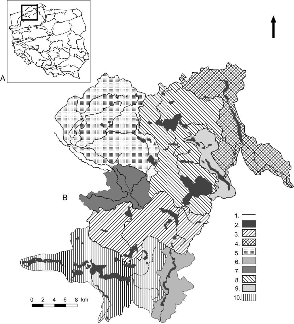 Dostępność jezior Pomorza Środkowego możliwości i ograniczenia w rozwoju 67 rzem Środkowym. Do badań wydzielono grupę 64 jezior w graniach 8 zlewni (ryc.