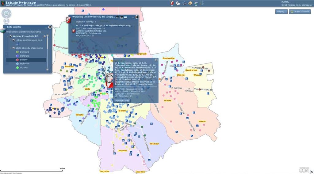 Klikając na dany lokal wyborczy następuje przybliżenie i wyświetlenie wszystkich atrybutów (tzw. pop-up.).