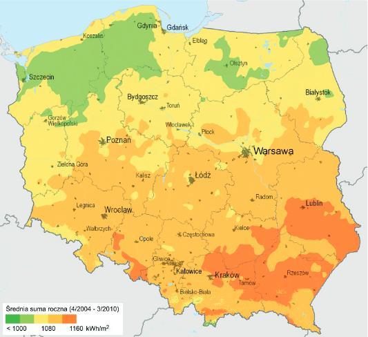 Green Key Aktualizacja założeń do planu zaopatrzenia w ciepło, en. elektryczną i paliwa gazowe Ryc. 23. Rozkład rocznych wartości nasłonecznienia w Polsce Źródło: solargis.