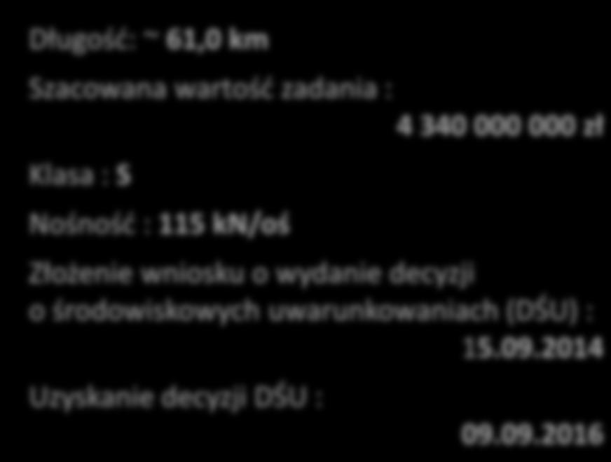 Długość: ~ 61,0 km Szacowana wartość zadania : 4 340 000 000 zł Klasa : S Nośność : 115 kn/oś Złożenie