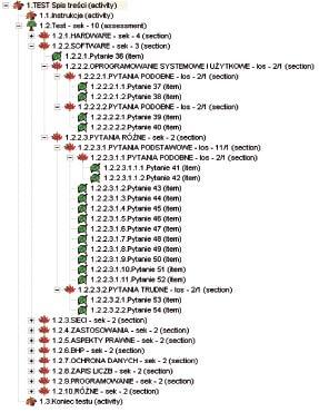 Występują sekcje związane z określonym tematem, sekcje o określonym typie pytań, sekcje grupujące pytania o określonym stopniu trudności i sekcje z odmianami tego samego pytania.
