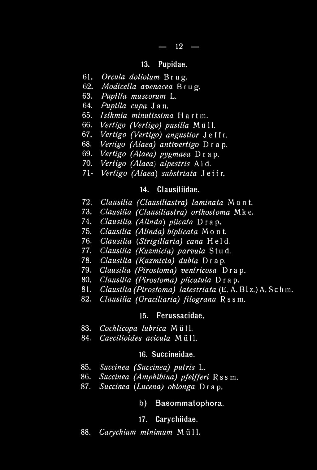 Clausiliidae. 72. Clausilia (Clausiliastra) laminata M o n t. 73. Clausilia (Clausiliastra) orthostoma Mke. 74. Clausilia (Alinda) plicata D r a p. 75. Clausilia (Alinda) biplicata Mont. 76.