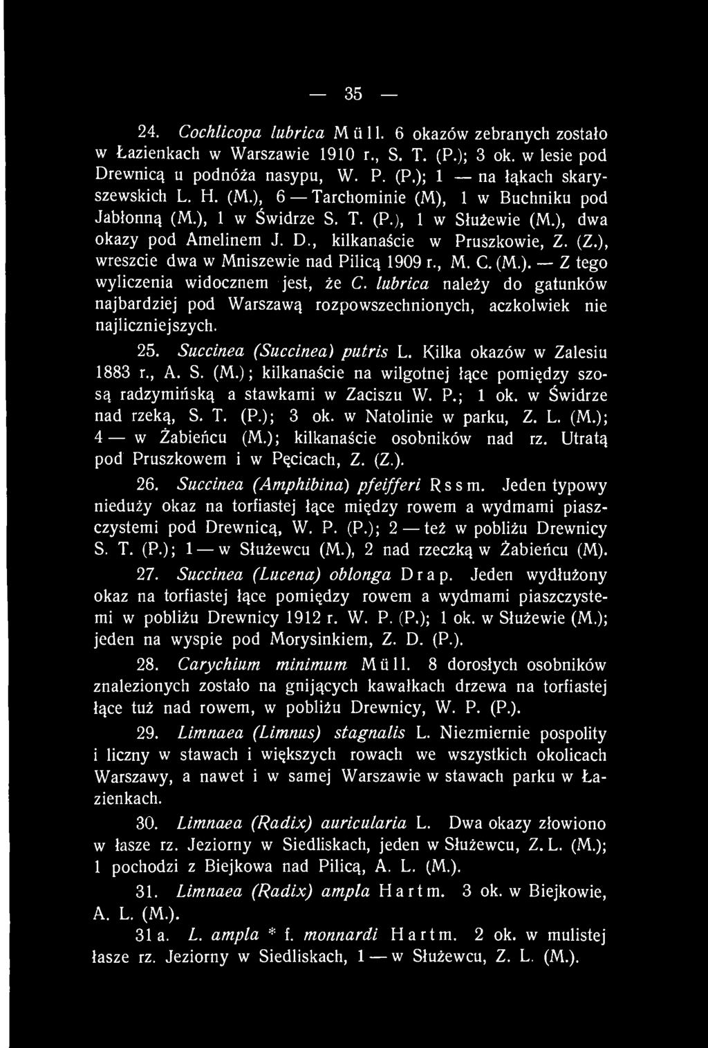 35 24. Cochlicopa lubrica Müll. 6 okazów zebranych zostało w Łazienkach w Warszawie 1910 r., S. T. (P.); 3 ok. w lesie pod Drewnicą u podnóża nasypu, W. P. (P.); 1 na łąkach skaryszewskich L. H. (M.