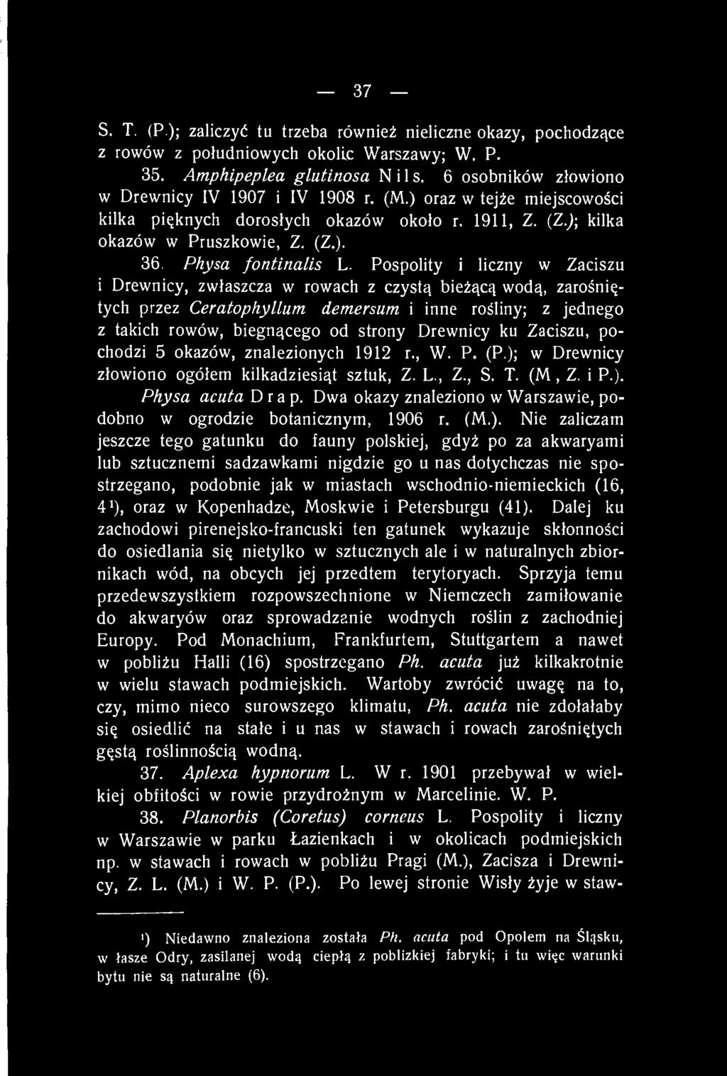 37 S. T. (P ); zaliczyć tu trzeba również nieliczne okazy, pochodzące z rowów z południowych okolic Warszawy; W. P. 35. Amphipeplea glutinosa Nils. 6 osobników złowiono w Drewnicy IV 1907 i IV 1908 r.