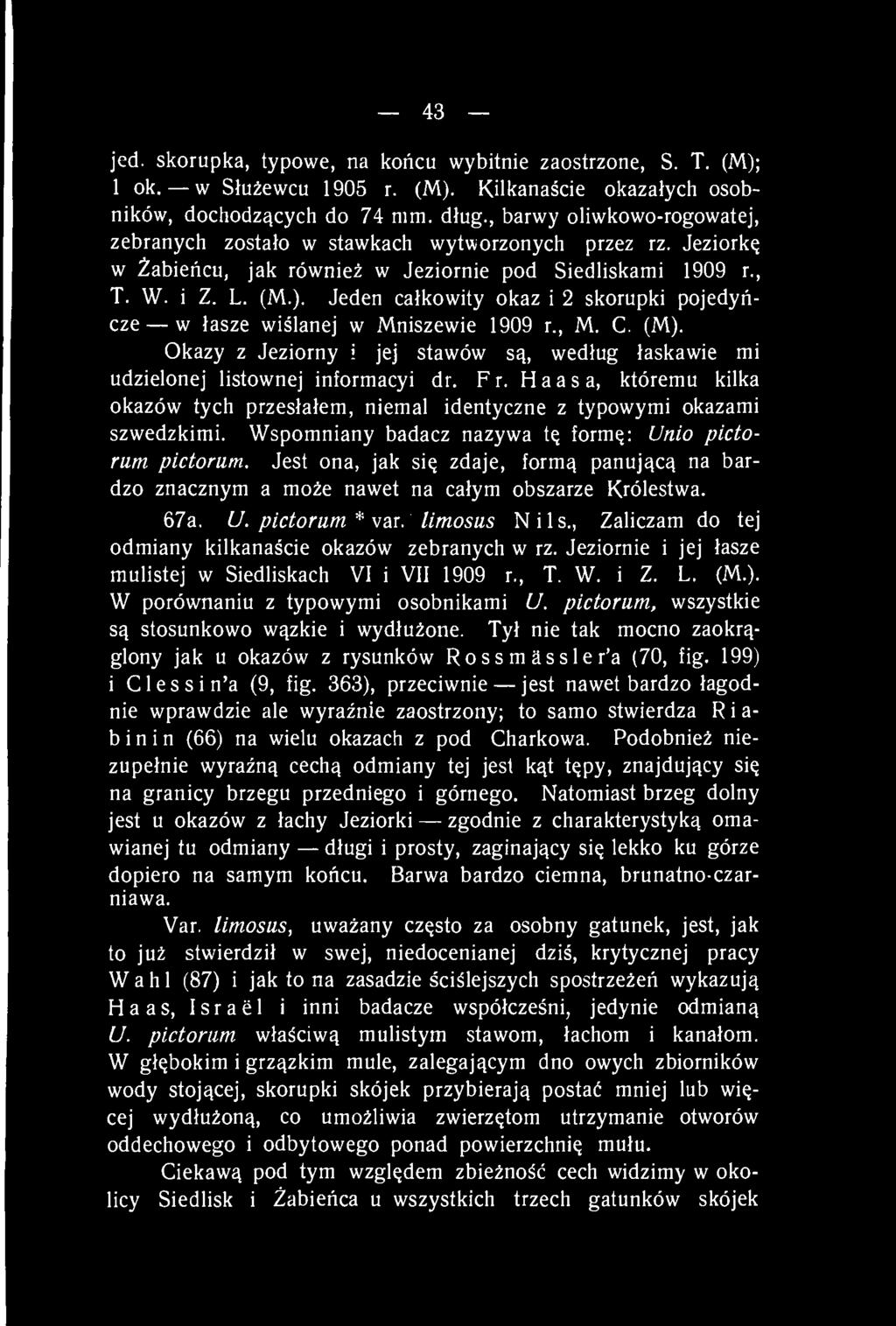 Jeden całkowity okaz i 2 skorupki pojedyńcze w łasze wiślanej w Mniszewie 1909 r., M. C. (M). Okazy z Jeziorny i jej stawów są, według łaskawie mi udzielonej listownej informacyi dr. Fr.