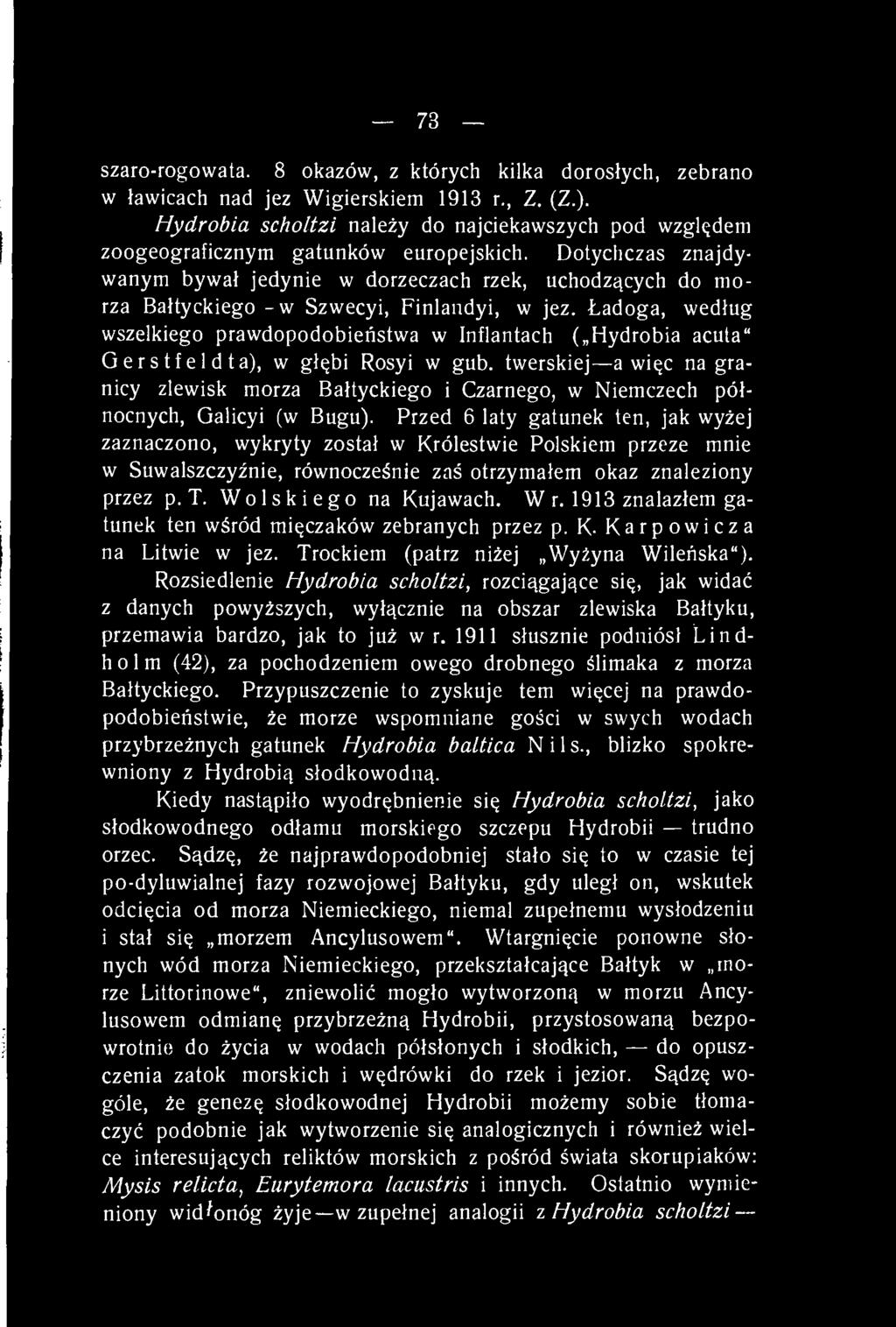 73 szaro-rogowata. 8 okazów, z których kilka dorosłych, zebrano w ławicach nad jez Wigierskiem 1913 r., Z. (Z.).