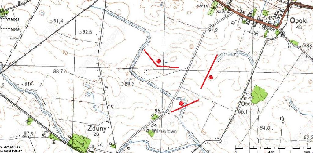 Rysunek 1 Mapa terenu badań wykonywanych na działce o numerze ewidencyjnym 144/1 w obrębie Opoki, z zaznaczonymi punktami obserwacyjnymi i trasami transektów.