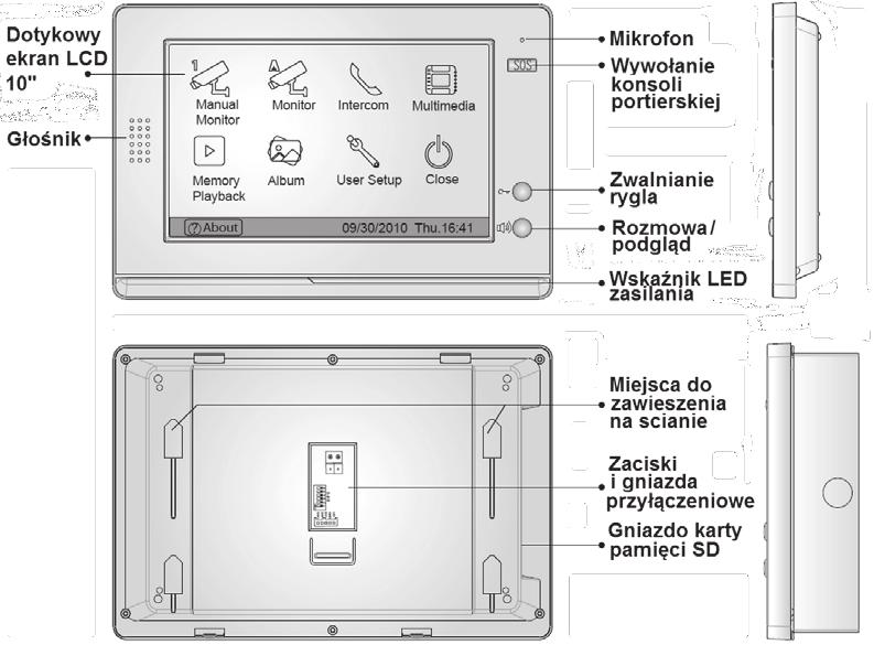 2. OGÓLNA CHARAKTERYSTYKA MONITORA VDA-11A5 VDA-11A5 to monitor wideodomofonu, w pełni kompatybilny z 2-żyłowym systemem EURA-2EASY. Wyposażony jest w kolorowy ekran LCD o przekątnej 10.