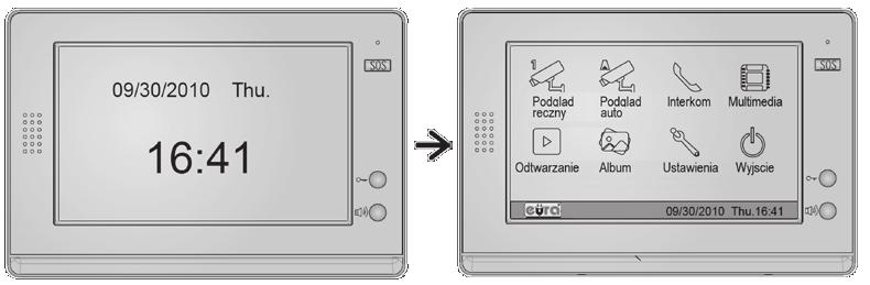 WYWOŁANIE Z ZEWNĄTRZ I PODGLĄD W momencie, gdy osoba odwiedzająca wciśnie przycisk wywołania na kasecie modułu zewnętrznego, w module wewnętrznym