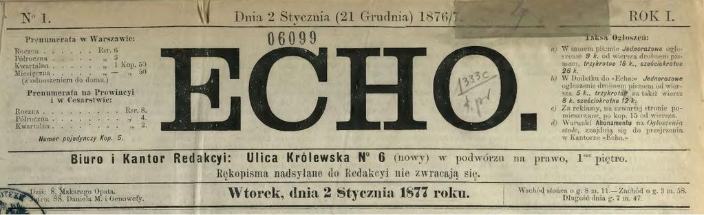 Digitalizacja prasy dziewiętnastowiecznej na przykładzie warszawskiego dziennika Echo Arct 5. Po śmierci Jana Noskowskiego w 1881 roku, wydawanie Echa przejął jego brat, Piotr.