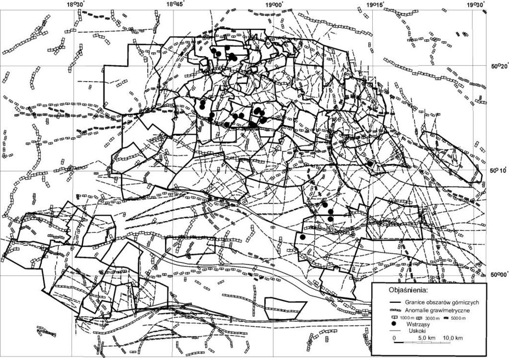 Rys. 2.2. Pionowe granice gęstości na obszarach górniczych GZW na tle sejsmiczności indukowanej (wstrząsy o energii od 108 J) w latach 1980 2004 i tektoniki Fig. 2.2. Gravimetric anomalies in GZW region, epicenters of high-energy tremors (> 108 J) in 1980 2004 and tectonics of Carboniferous strata Na rysunku 2.