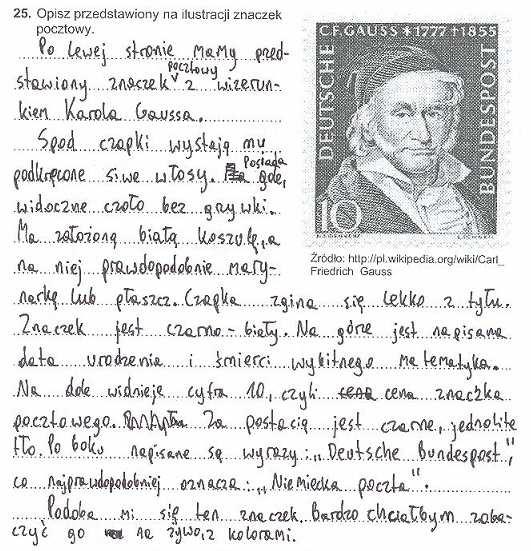 Rozwiązując oba zadania z tegorocznego arkusza szóstoklasista musiał posłużyć się użytkowymi, funkcjonalnymi formami wypowiedzi, ponieważ jego zadaniem było opisanie reprodukcji znaczka pocztowego