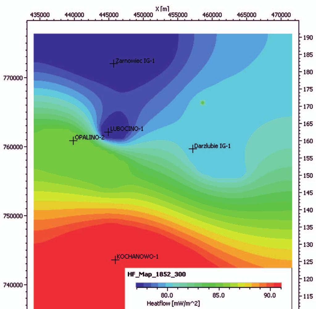 artykuły sposób zdefiniowania zmienności przestrzennej i czasowej wartości gęstości strumienia cieplnego podłoża był następujący: dla każdego otworu wyznaczono trend zmian wartości HF w czasie, a