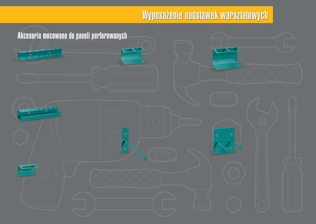 W-N Uchwyt na wkr taki. Wykonany z blachy 1,5 mm. Przeznaczony do przechowywania oêmiu wkr taków. Malowany jest farbà proszkowà (epoksydowo-poliestrowà) w kolorze RAL 6033. W-R Uchwyt na wiert a.