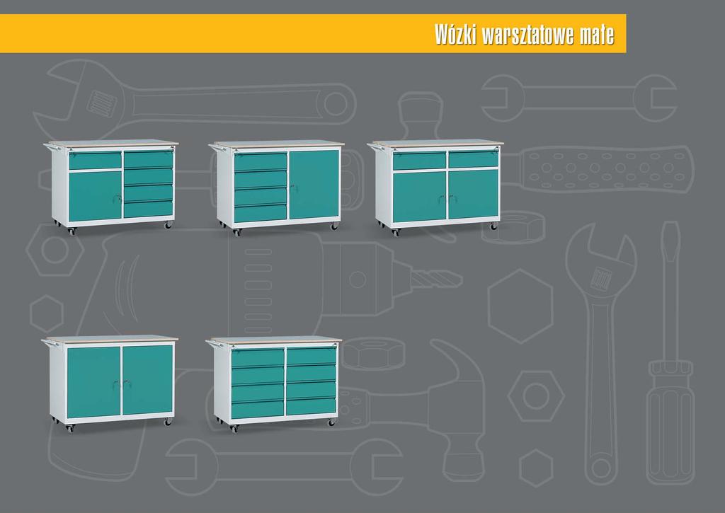Wózek warsztatowy wyposa ony jest w blat o gruboêci 18 mm z pow okà antypoêlizgowà; ko a o Êrednicy 80 mm z gumà oraz szufl ady lub/i drzwi. Korpus wózka wykonany jest z blachy 1 mm.