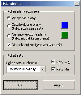 2-7 Ustawienia parametrów prezentacji planu rozliczeń Można zaznaczyć konkretne pola, w zależności od tego czy istnieje potrzeba przeglądania wszystkich planów, planów zatwierdzonych, czy też