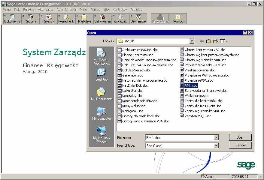 otwartym oknie wskazać i otworzyć katalog SBC_FK; z katalogu SBC_FK wybrać plik RMK.sbc; wybrać przycisk Open. Rys.