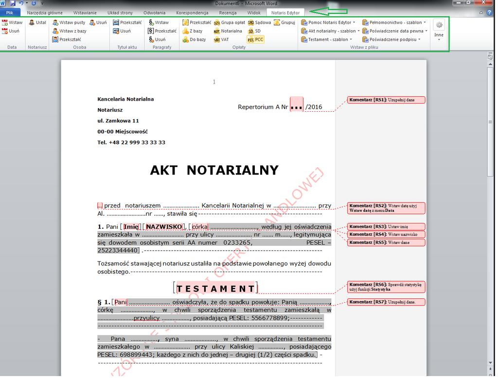 Menu aplikacji Notaris Edytor Menu Notaris edytor usytułowane jest w zakładce Notaris Edytor w górnej części paska menu programu MS Word.