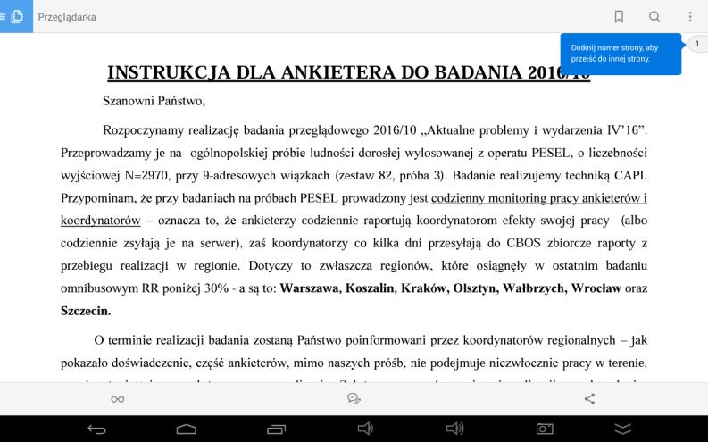 Ze wszystkimi dołączonymi do ankiety dokumentami należy się uważnie zapoznać. W celu przewinięcia ekranu należy palcem przesunąć wyświetloną część kartki do góry.