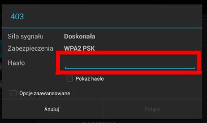 Jeśli sieć jest zabezpieczona hasłem pojawi się okienko z miejscem do