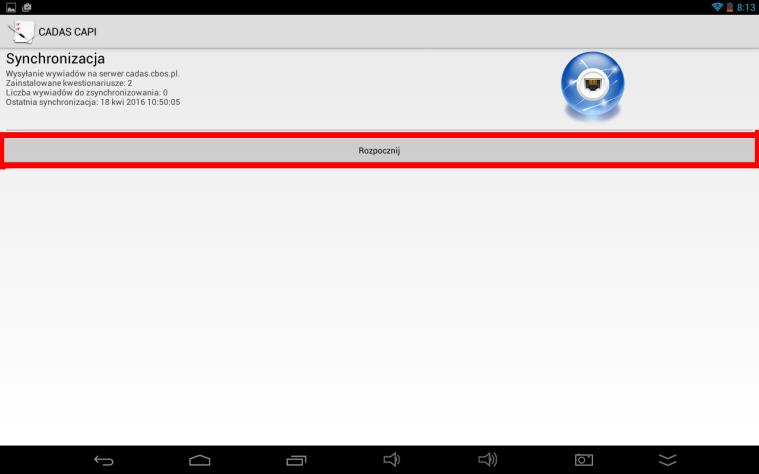 Po wejściu w Synchronizację należy nacisnąć przycisk Rozpocznij aby przeprowadzić proces pobierania i wysyłania danych.