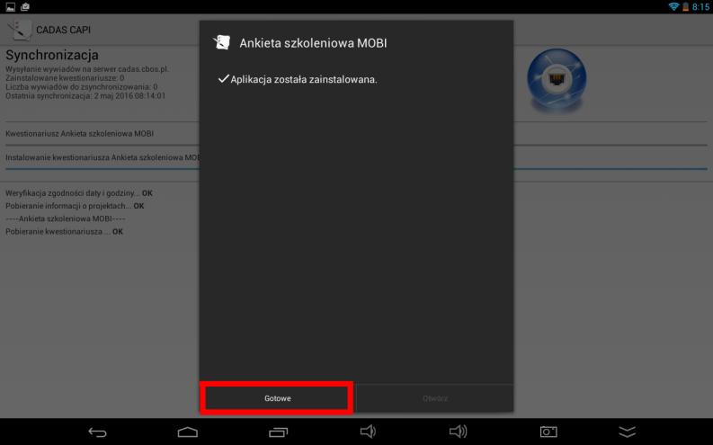 Każda ankieta realizowana na tabletach jest pobierana jako aplikacja. Należy wyrazić zgodę na jej instalację.