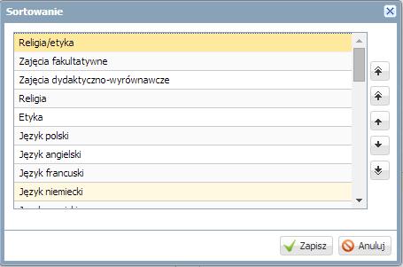 Przyciski te umożliwiają ułożenie alfabetyczne wszystkich pozycji, przeniesienie wskazanego elementu o jedną pozycję do góry lub w dół oraz przesunięcie na pierwszą lub