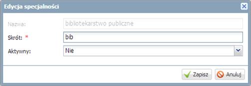 Pozycji słownika nie można usuwać. Można jedynie modyfikować skrót i zmieniać aktywność. Domyślnie aktywność wszystkich pozycji jest wyłączona.