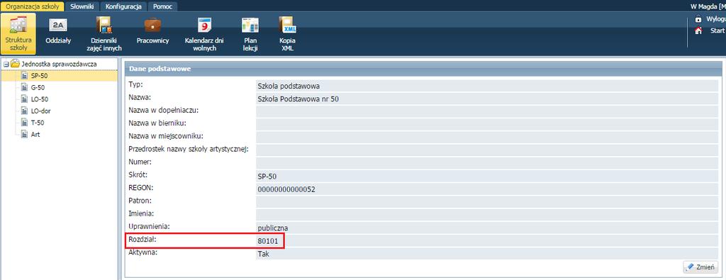 Wprowadzanie danych jednostki sprawozdawczej Jednostka sprawozdawcza, która jest samodzielną szkołą, domyślnie pojawia się również w drzewie danych jako składowa.