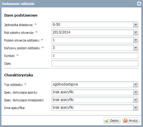 Wprowadzanie danych jednostki sprawozdawczej Symbol identyfikator oddziału (maksymalnie trzyznakowy), Opis pole tekstowe, w którym można umieścić dodatkowe informacje o oddziale.