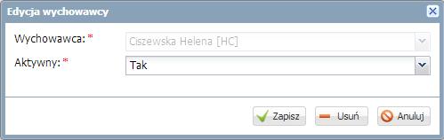 Jeśli nauczyciel przestał być wychowawcą oddzialu należy w polu Aktywny ustawić pozycję Nie.