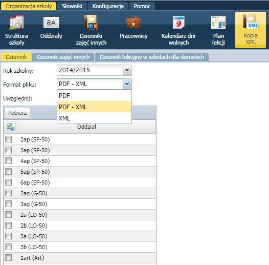 Wprowadzanie planów lekcji oddziałów Wykonanie i podpisanie kopii XML dziennika Aby wygenerować kopię XML dziennika należy: Na karcie Organizacja szkoły kliknąć Kopia XML.